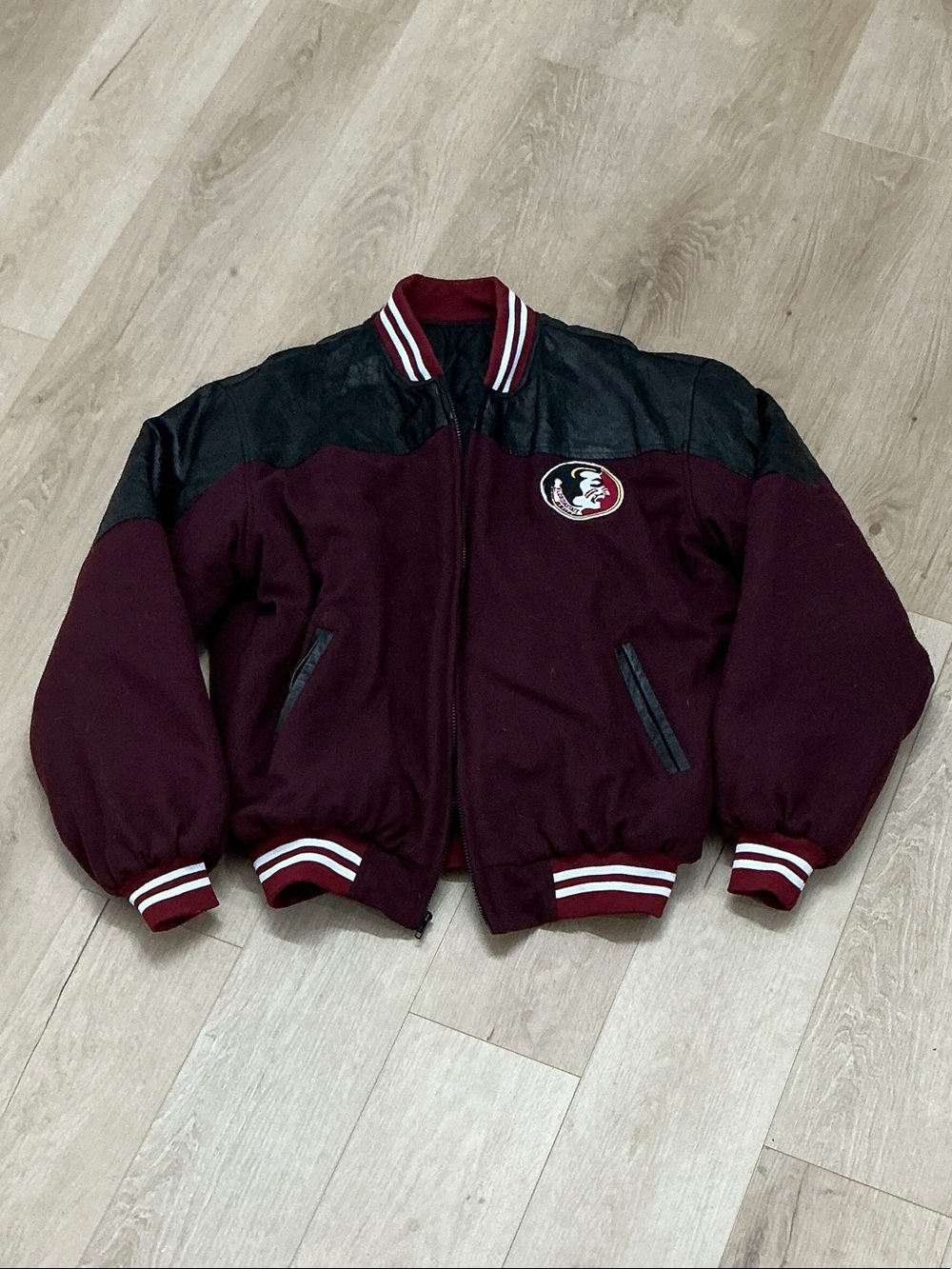NCAA Maroon and Black Varsity Bomber Jacket with Team Patch